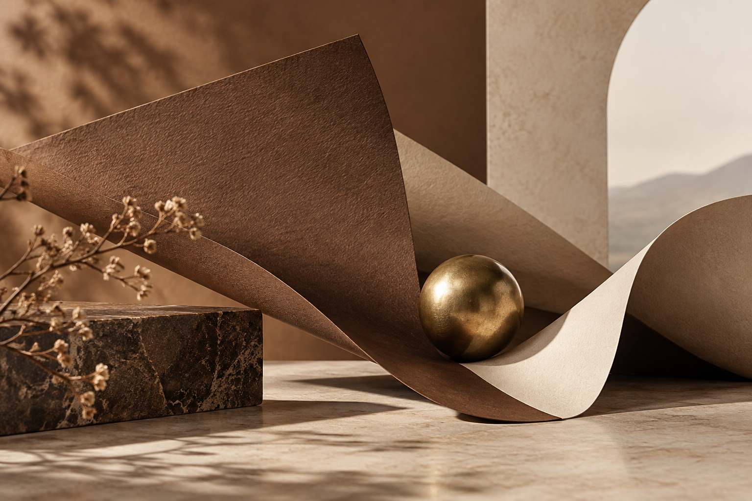 sculptural walnut brown and tan textured folded paper with brass sphere, refined accessories editorial, no wallet products